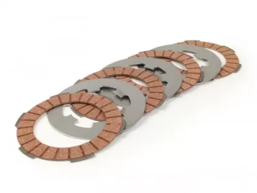 koppelingsfrictieplaten set incl. stalen platen  BGM pro superstrong racing red vespa smallframe v50, v90, ss50, ss90, pv125, et3, pk50, pk80, pk50 s, pk80 s, pk125 s, pk50 xl, pk125 xl, ets, pk50 hp, pk50 ss   4 frictieplaten