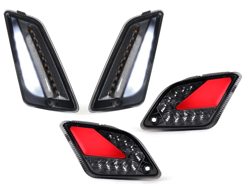Knipperlichtset Voor Achter MOTO NOSTRA (2014-2018) Dynamisch LED Volglicht, Voorzijde Met Dagrijlicht en Achterzijde Met Positielicht (E-keurmerk)- Vespa GT, GTL, GTV, GTS 125-300 Gerookt