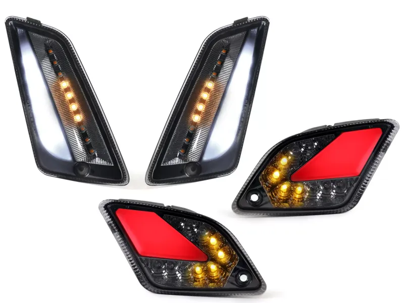 Knipperlichtset Voor Achter MOTO NOSTRA (2014-2018) Dynamisch LED Volglicht, Voorzijde Met Dagrijlicht en Achterzijde Met Positielicht (E-keurmerk)- Vespa GT, GTL, GTV, GTS 125-300 Gerookt