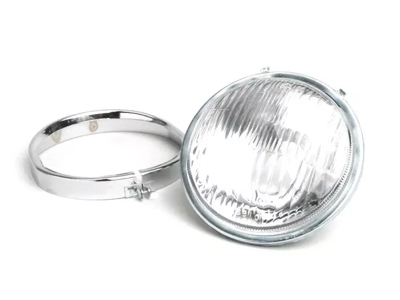 koplamp  vespa ø=115mm  vespa ss50 (v5ss1t), 50sr (v5ss2t), ss90 (v9ss1t), 90 racer (v9ss2t), pv125 (vma1t, vma2t), et3 vmb1t), super (vnc1t/vbc1t)   glas, incl . koplamp rand