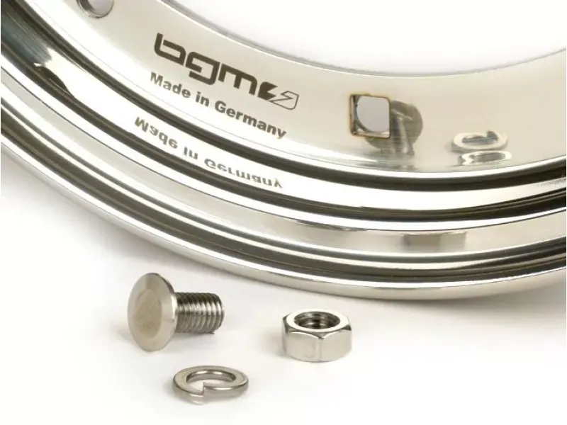 velg  BGM pro 2.10 10 inch  vespa (type px)   vespa smallframe v50, 50n, special, pv, et3, pk50 125 (s/xl/xl2), largeframe px, t5, sprint, rally, gt/ gtr, lml star, deluxe   roestvrij staal, gepolijst