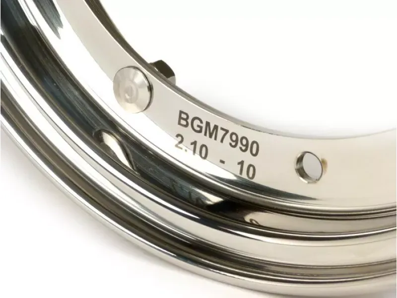 velg  BGM pro 2.10 10 inch  vespa (type px)   vespa smallframe v50, 50n, special, pv, et3, pk50 125 (s/xl/xl2), largeframe px, t5, sprint, rally, gt/ gtr, lml star, deluxe   roestvrij staal, gepolijst