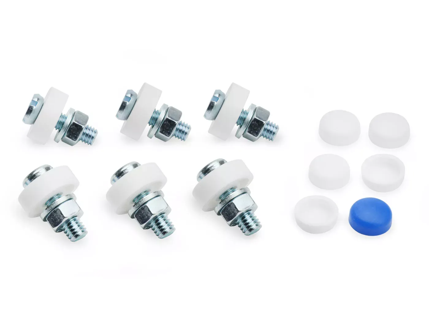 Kentekenplaatschroefset  HS  M6 x 20 6 Stuks Verzinkt Met Doppen, 5 x Wit+ 1 x blauw