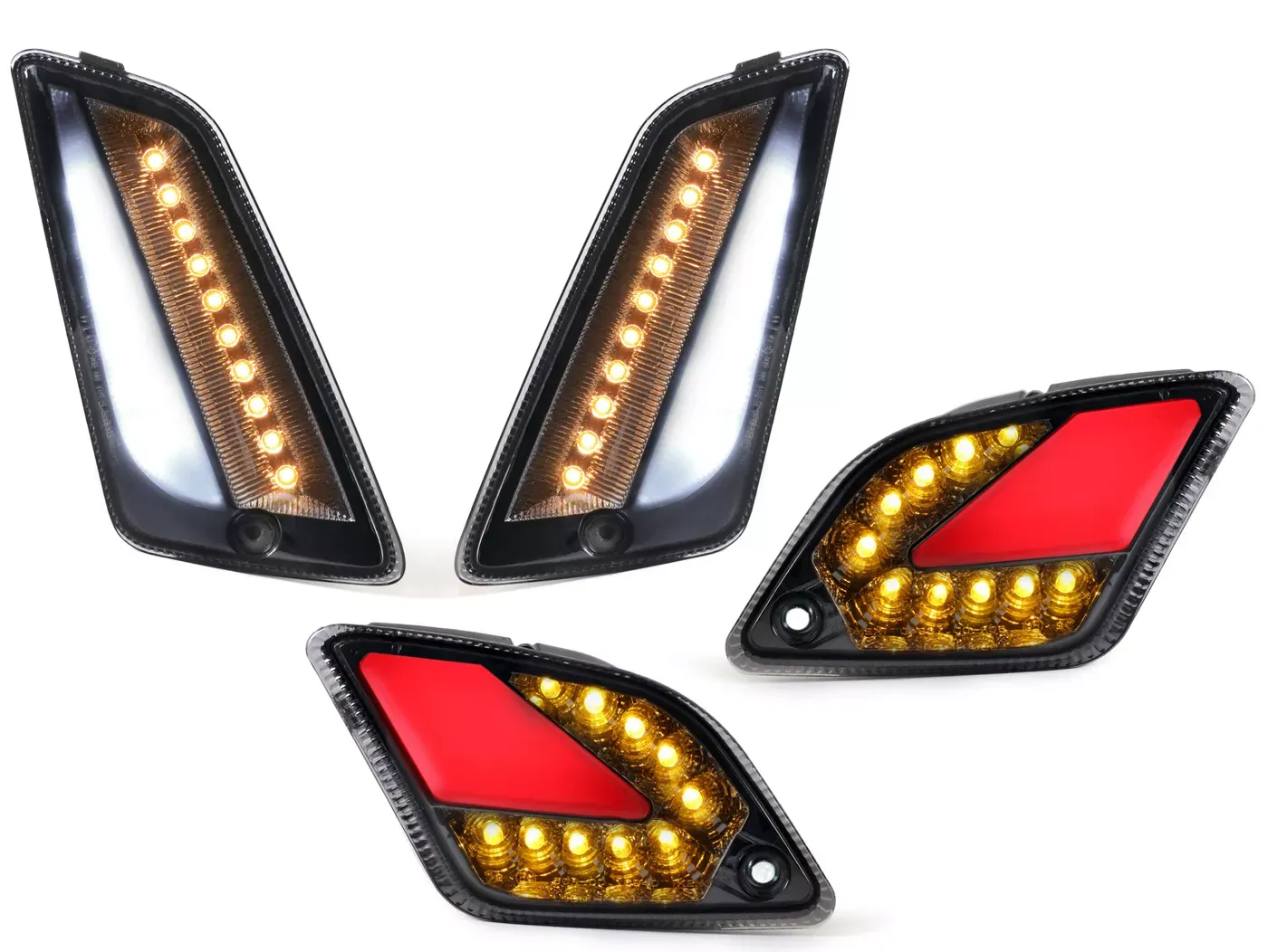 Knipperlichtset Voor Achter MOTO NOSTRA (2014-2018) Dynamisch LED Volglicht, Voorzijde Met Dagrijlicht en Achterzijde Met Positielicht (E-keurmerk)- Vespa GT, GTL, GTV, GTS 125-300 Gerookt