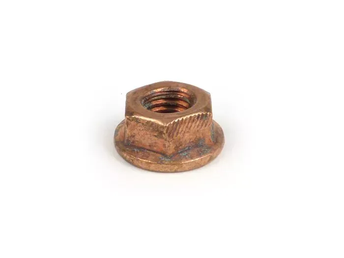 moer met  flens  vergelijkbaar  met  din  6923  m8 (borgmoer)   koper  (gebruikt  voor  valpijp  vespa  px  2011)