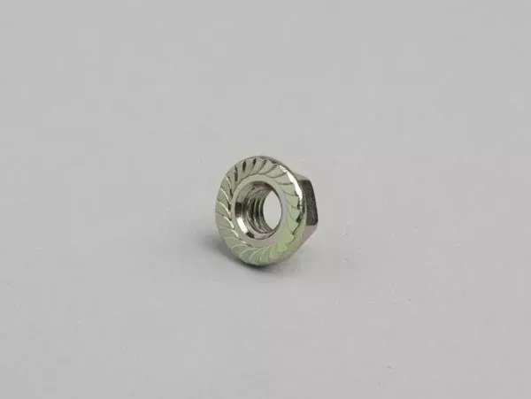 Moer Met Gekartelde Flens Din 6923 M6x1.0 (Gebruikt Voor Cilinderkop Piaggio 50cc 2 Takt Minarelli 50cc (Verticale Cilinder) Morini 50cc (Type Ah)