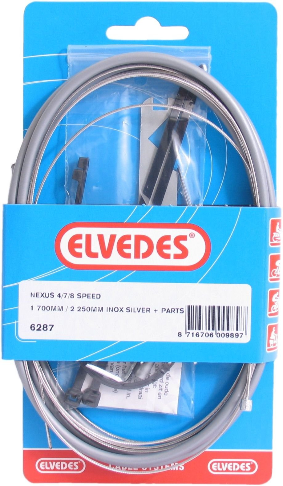 Versnellingskabelset 4/7/8 Speed Elvedes Nexus 1700 / 2250 mm RVS Zilver (op Kaart)